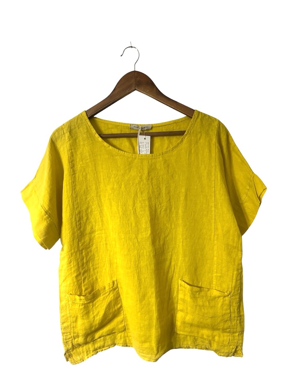 NEW Francesca Bettini 100% Linen Short Sleeve Top Italy Yellow Lagenlook Large